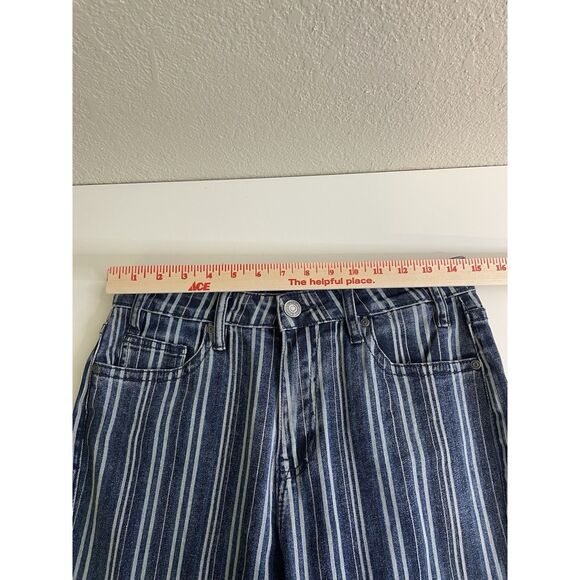 Rock & Roll Jeans 30 x 29 Blue Striped Denim Flared High Rise Red Embroidery - Picture 9 of 13